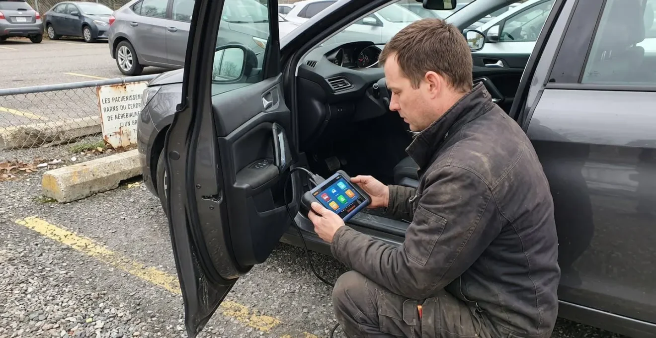 Serrurier automobile professionnel de profil programmant une clé électronique avec un boîtier de diagnostic connecté au véhicule dans un environnement lumineux