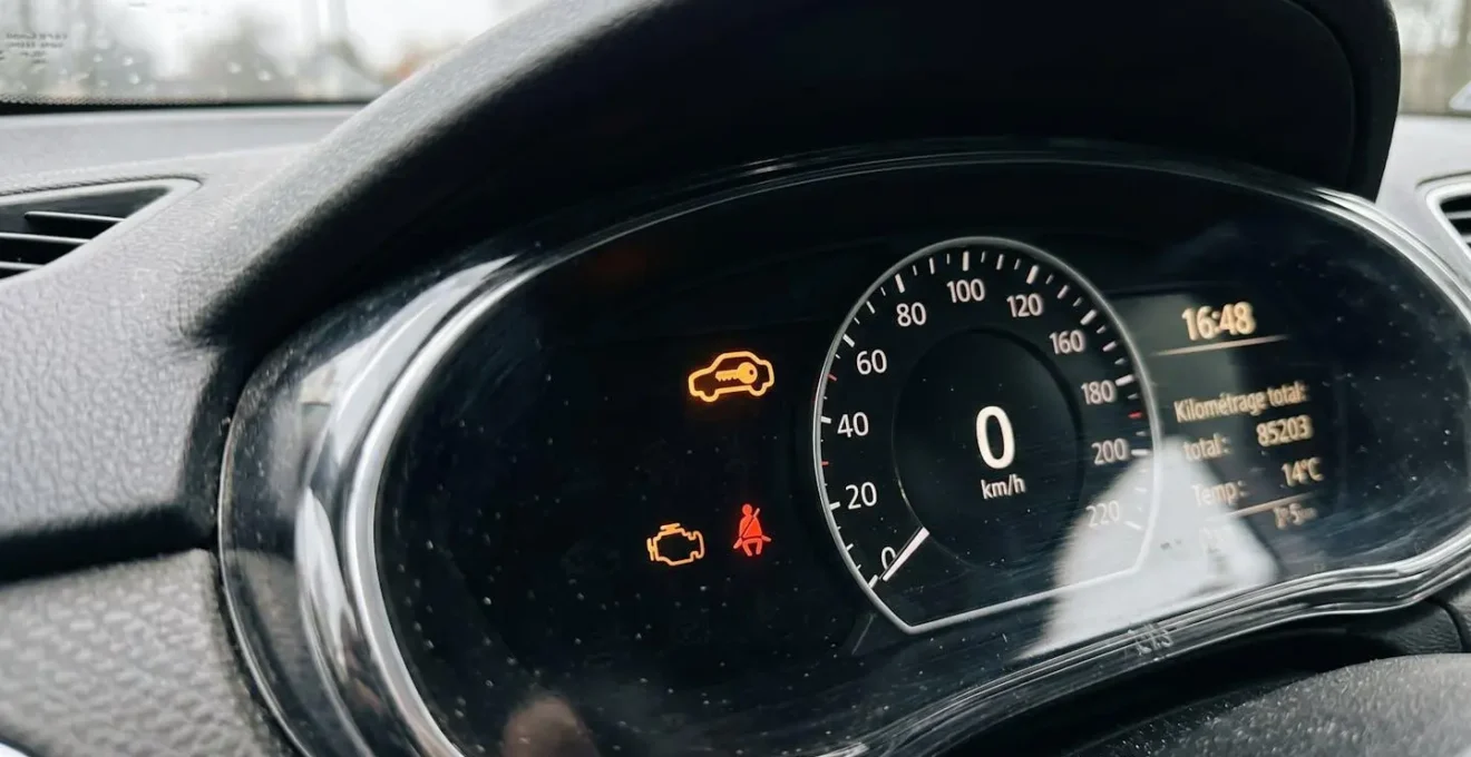 Intérieur d'un véhicule récent vu depuis le siège conducteur avec tableau de bord moderne et voyant antidémarrage visible