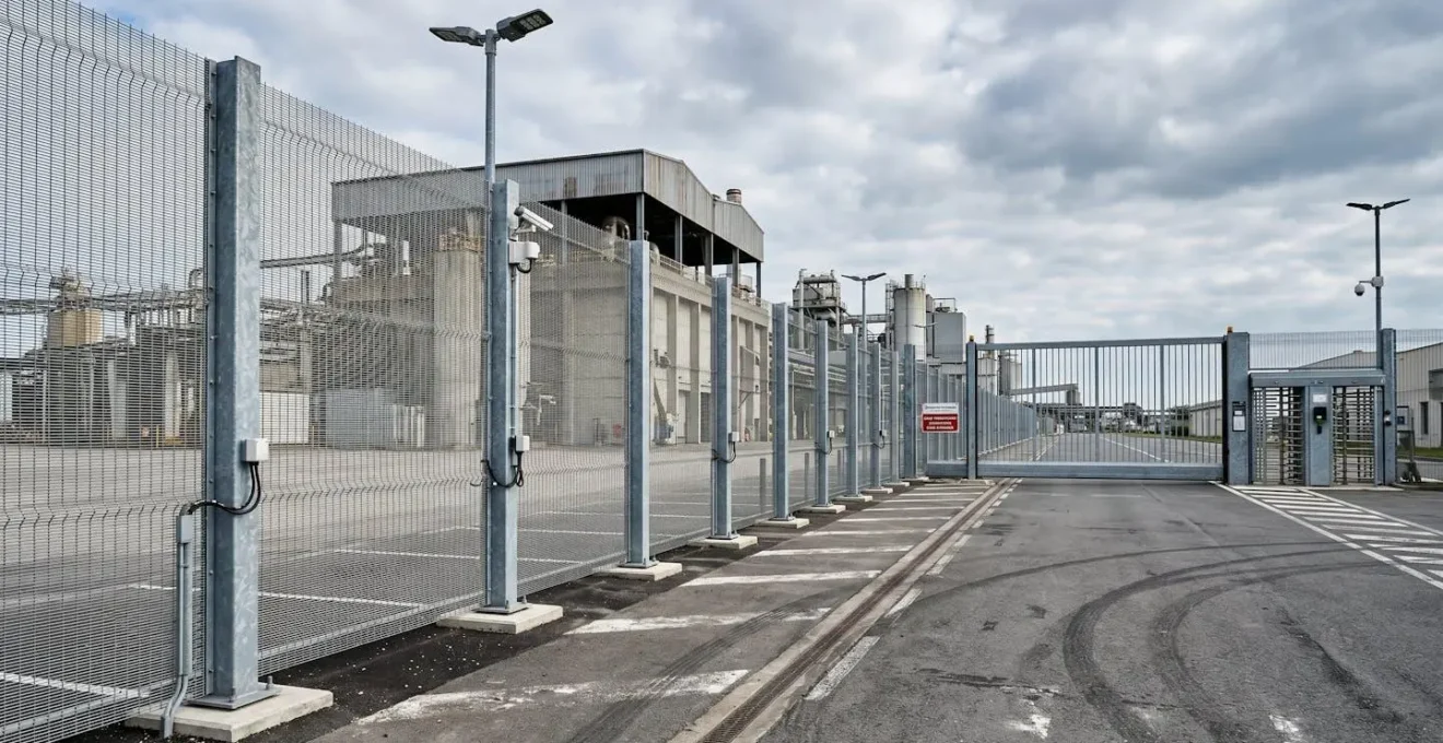 Clôture métallique haute sécurité avec maillage anti-escalade et portail blindé protégeant le périmètre d'un site industriel français moderne