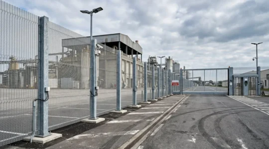 Clôture métallique haute sécurité avec maillage anti-escalade et portail blindé protégeant le périmètre d'un site industriel français moderne