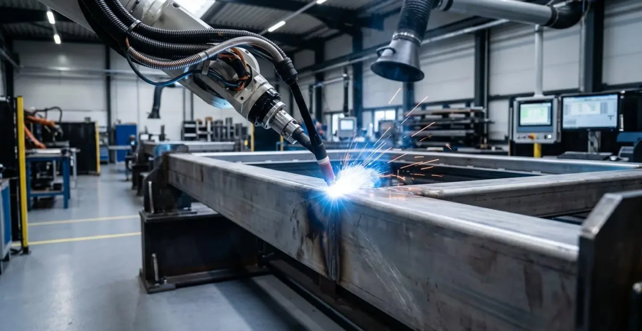 Bras robotique effectuant une soudure TIG de précision sur une structure métallique massive dans un atelier industriel moderne avec système d'extraction des fumées