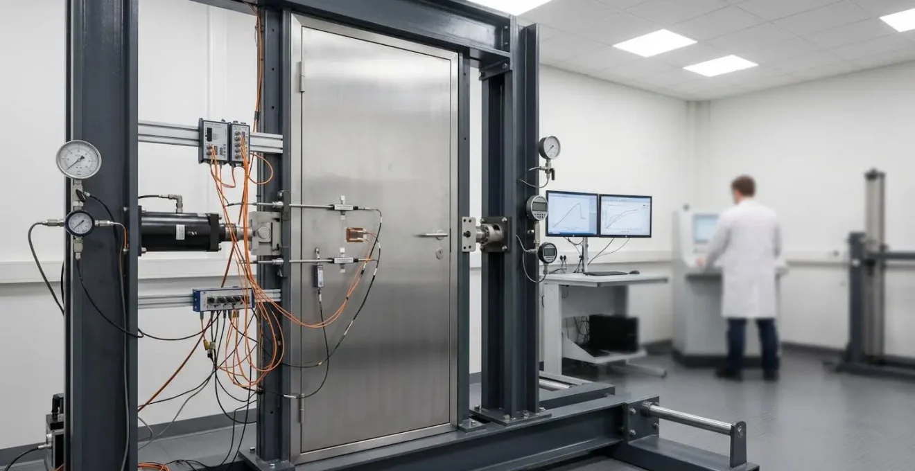 Porte blindée en position de test dans un laboratoire d'essais avec équipement de mesure de résistance à l'effraction et capteurs de contrainte mécanique